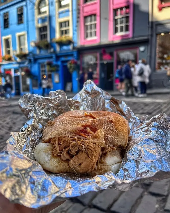 Delicious pulled pork roll with crackling from Oink in Edinburgh