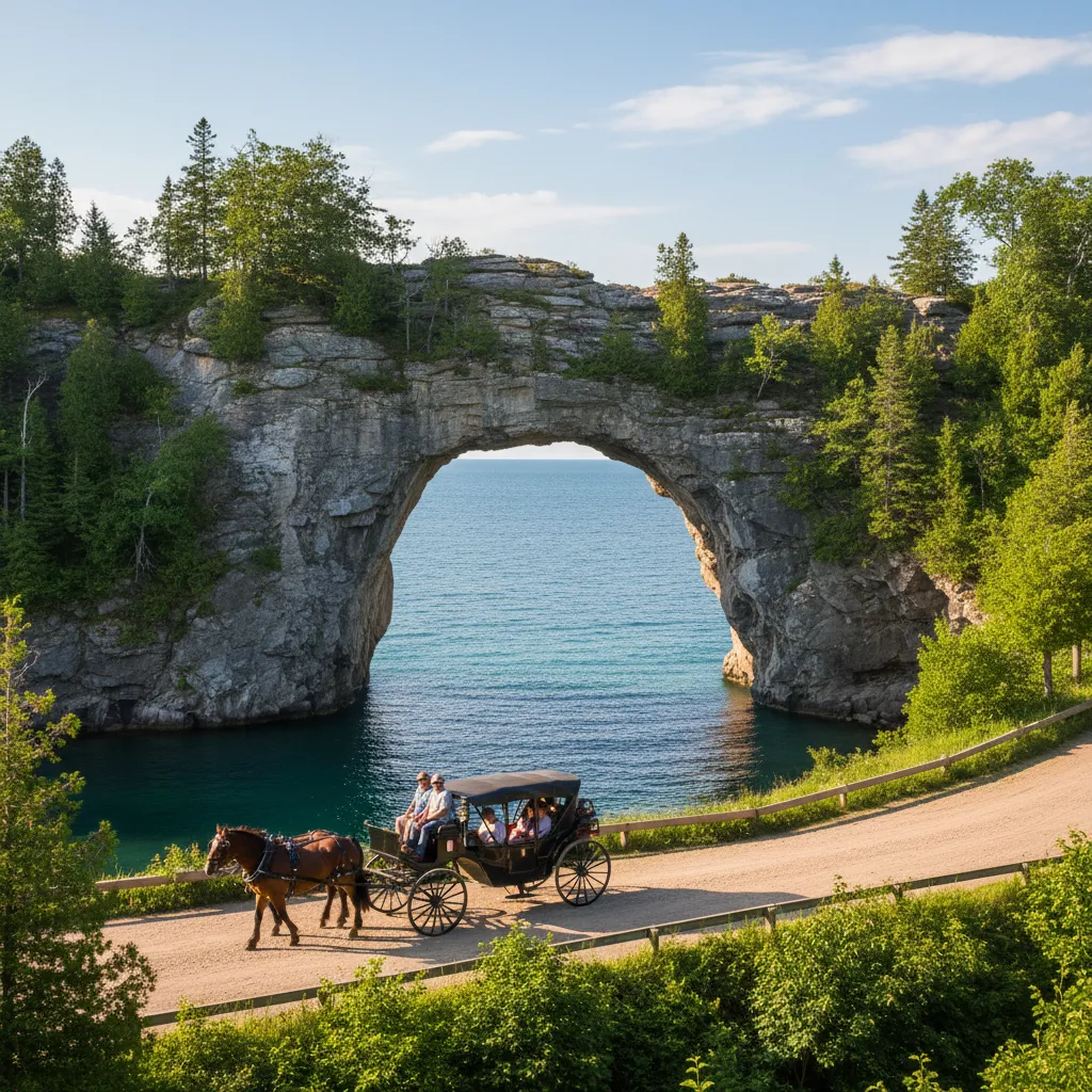 Natural limestone Arch Rock formation overlooking Lake Huron