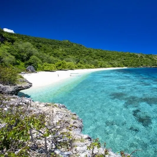 Golden sandy shoreline of Silver Sands beach in Aberdour looking out to the sea.