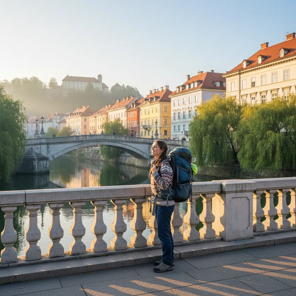 A solo female traveler admiring the historic architecture and river views from the Triple Bridge in Ljubljana, Slovenia, illustrating safe travel in the Balkans.