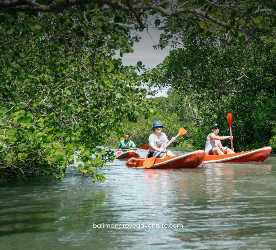 Local guide paddling a traditional wooden canoe on Lake Tamblingan