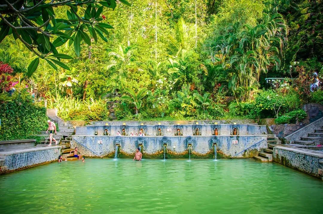 Lush jungle surrounds the stone dragon spouts of Banjar Hot Springs in North Bali