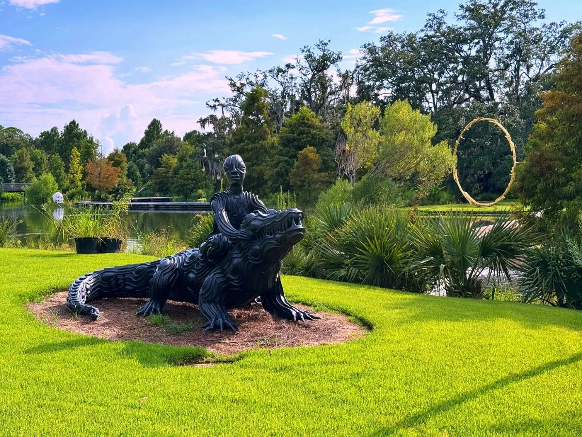 Modern art sculptures among live oak trees in New Orleans