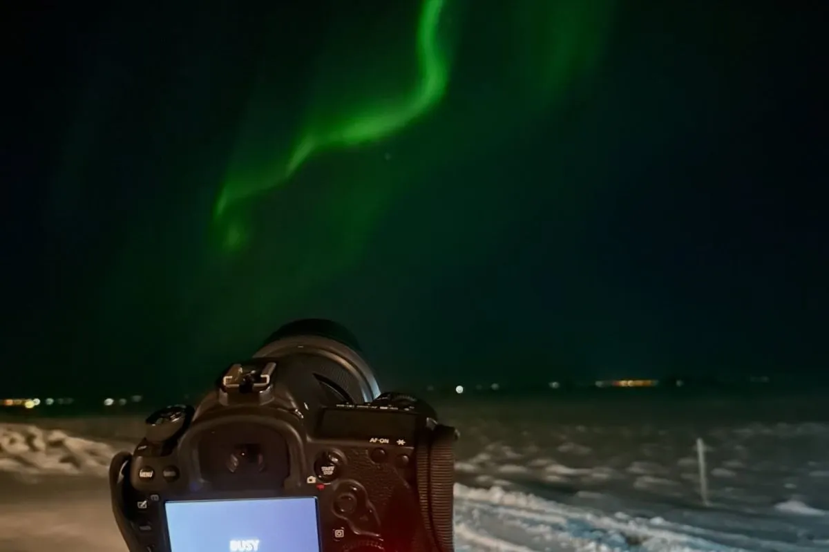 Camera on a tripod at Myrland beach ready to capture the northern lights