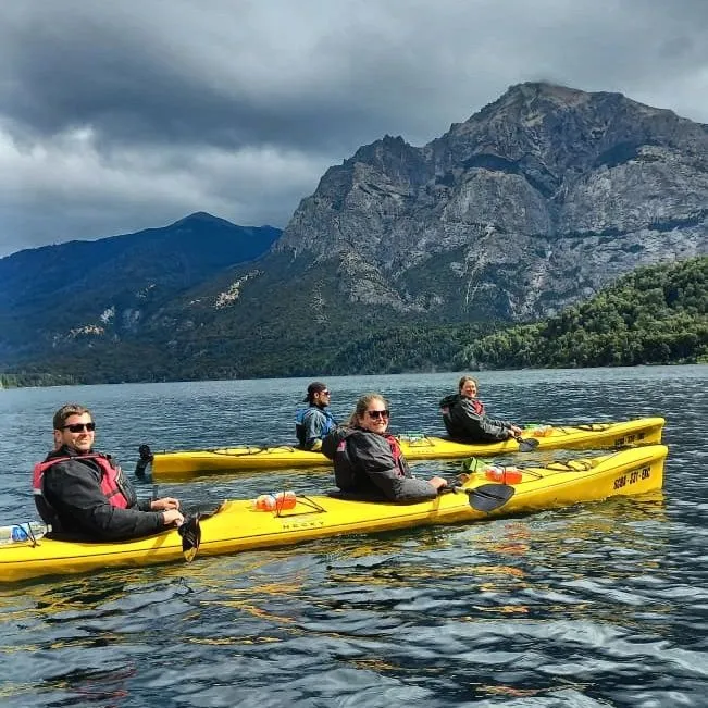 Family kayaking on Lake Gutierrez at Estancia Peuma Hue in Argentina