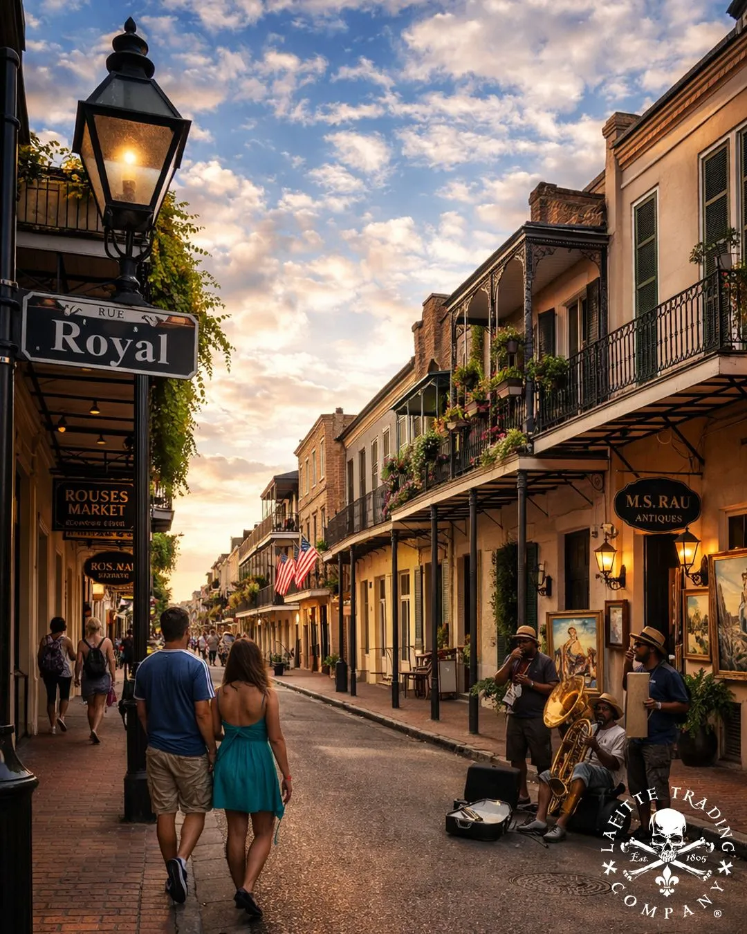 Intricate wrought-iron balconies and hanging ferns in the French Quarter
