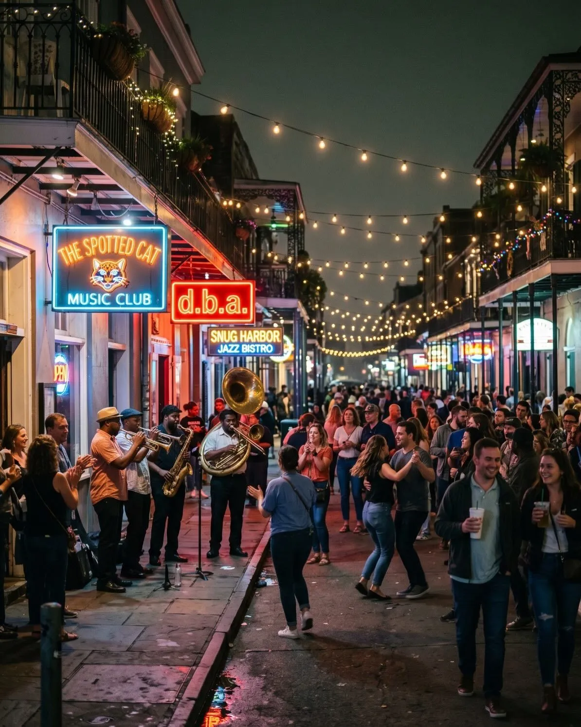 Live street brass band playing on Frenchmen Street at night in New Orleans