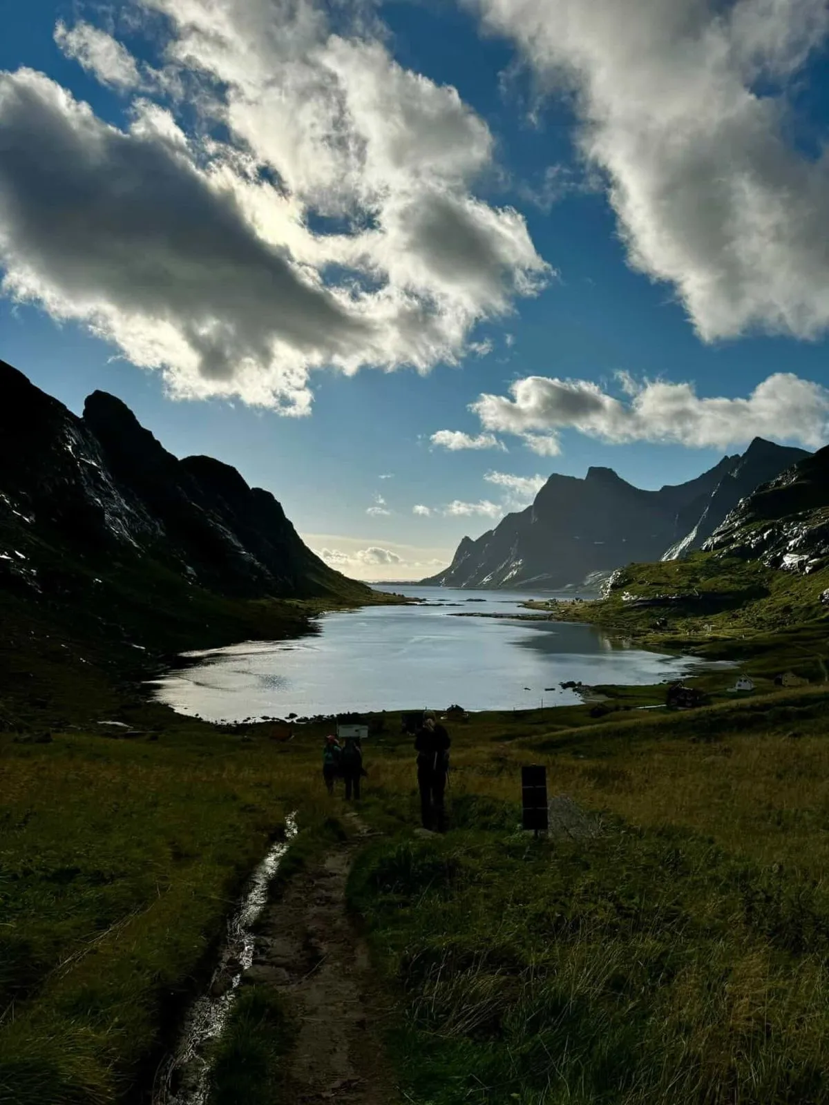A scenic bus stop overlooking jagged mountains in the Lofoten Islands