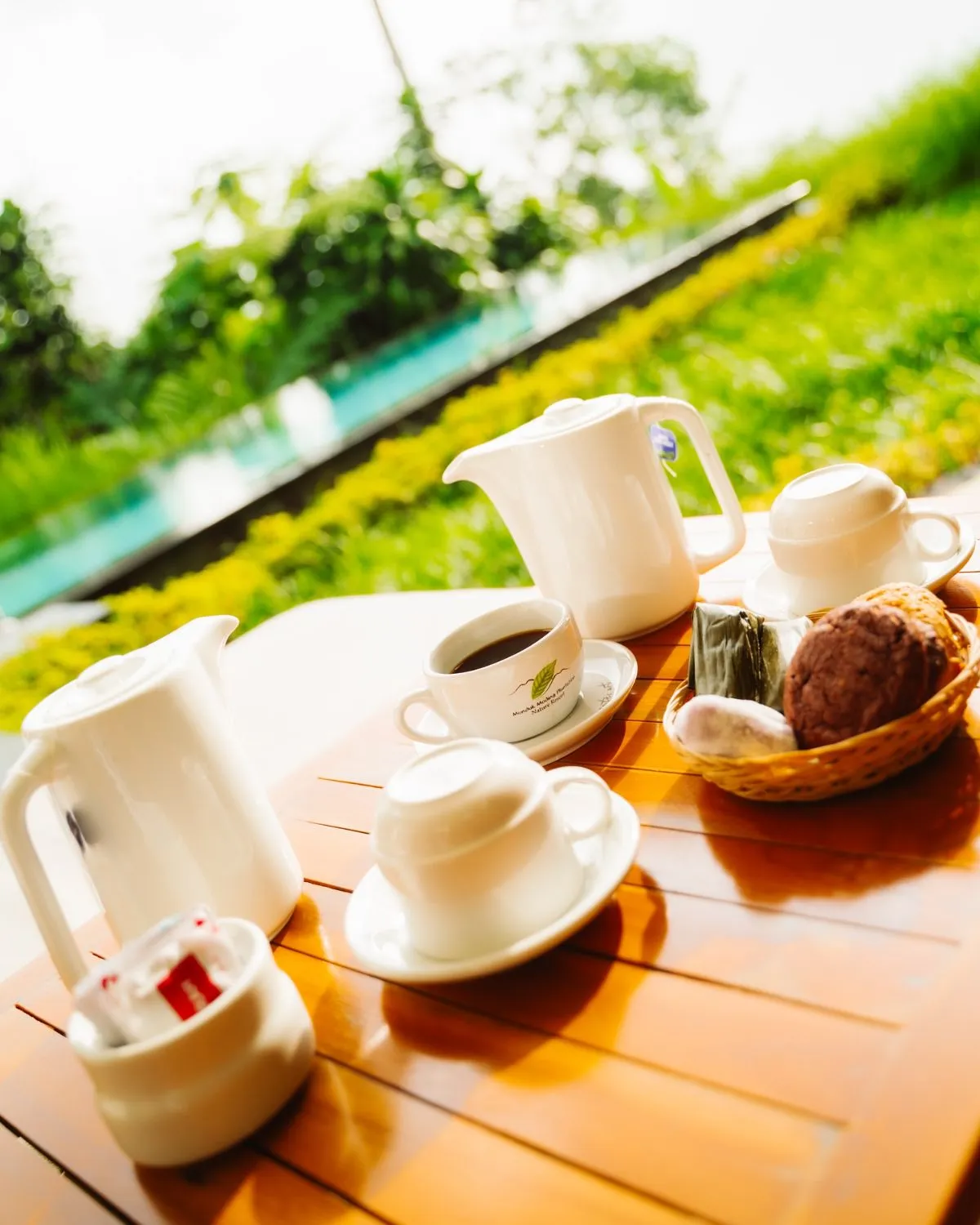 Cup of fresh local coffee overlooking the misty plantations in Munduk Bali