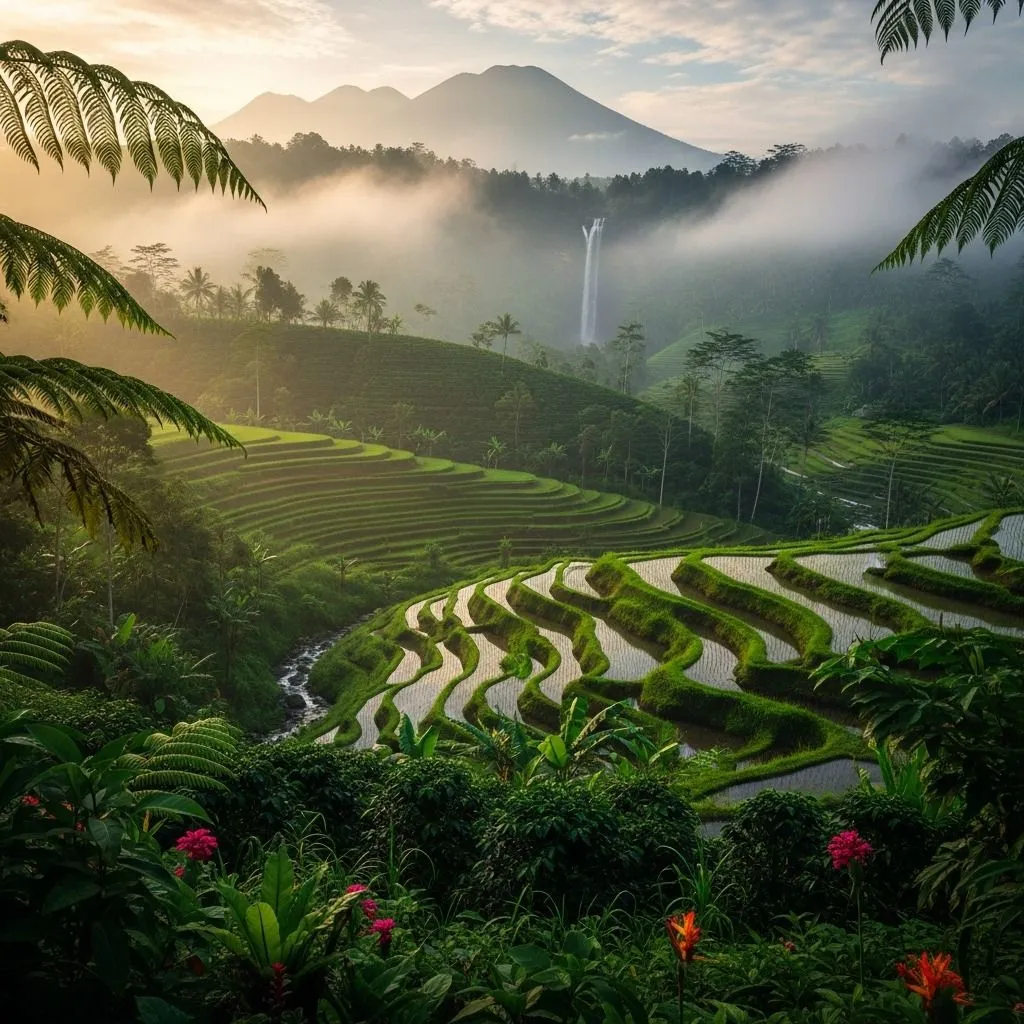 Misty hiking trail through a coffee plantation in Munduk North Bali