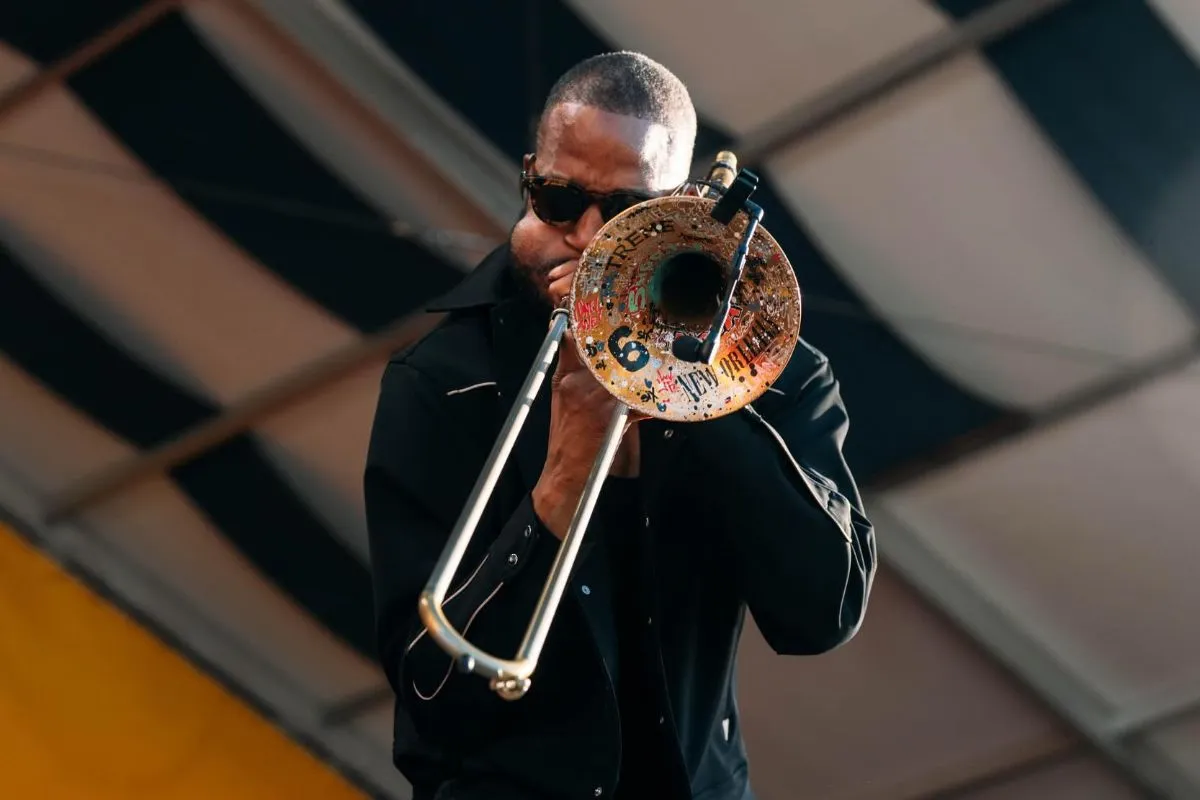 Musician playing trumpet on New Orleans street corner