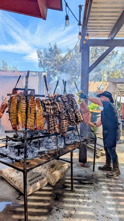 Patagonian asado roasting over an open fire