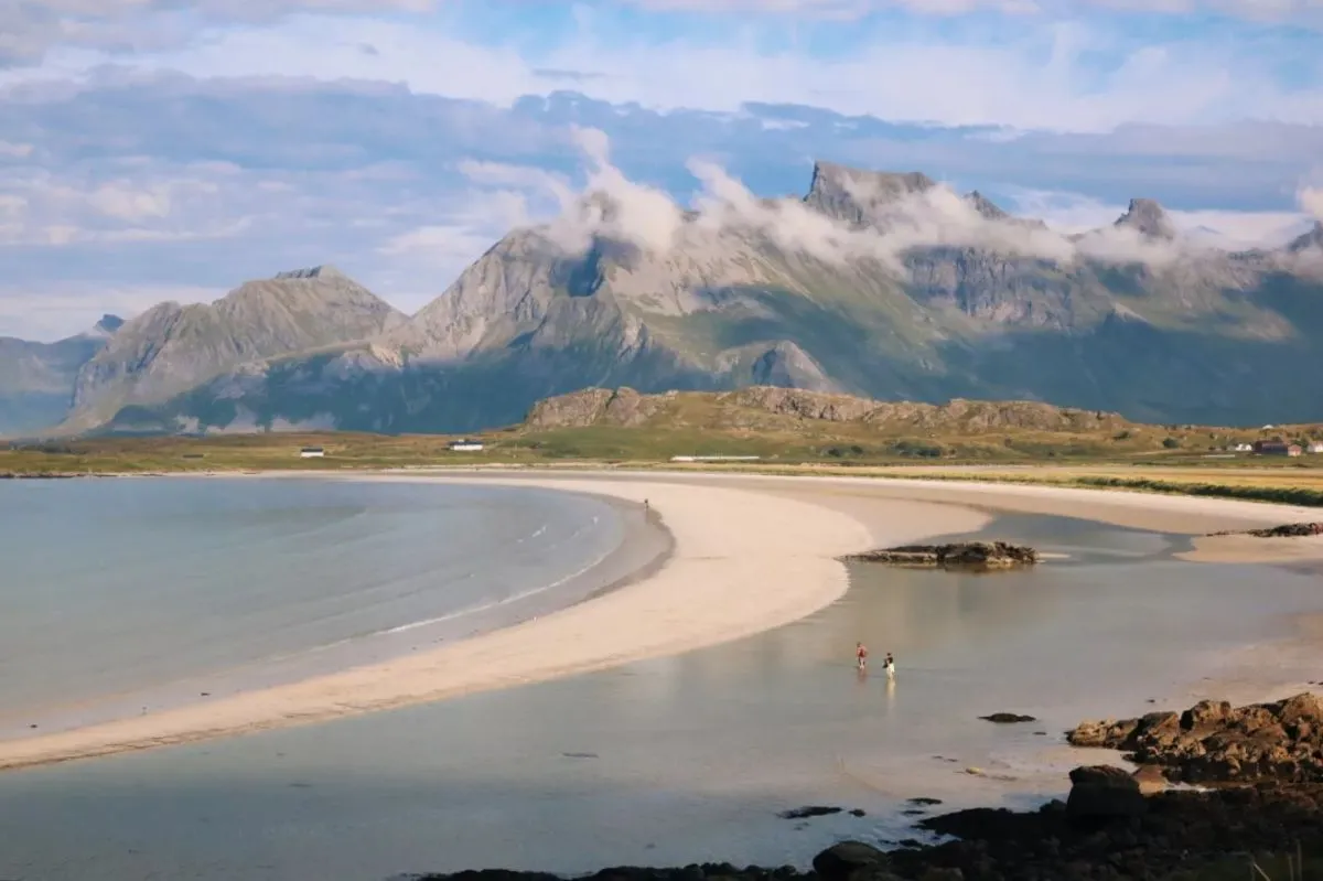 Serene view of Ytresand beach in the Lofoten Islands featuring white sand and dramatic mountain peaks